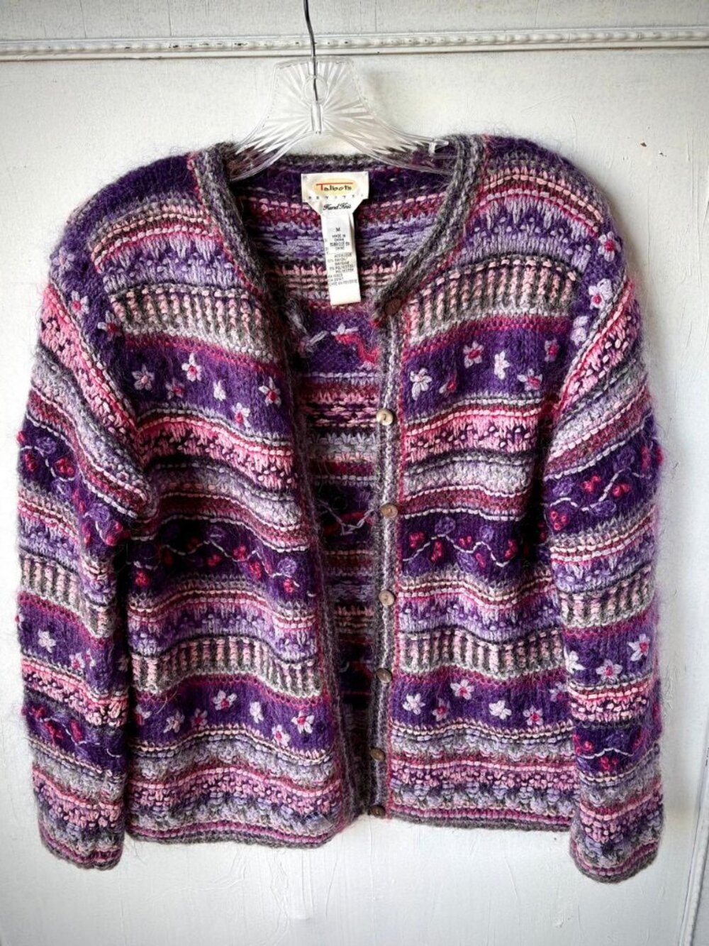 Talbots Vintage Hand Knit Mohair Silk Blend Cardigan Sweater Medium Boho Purple
